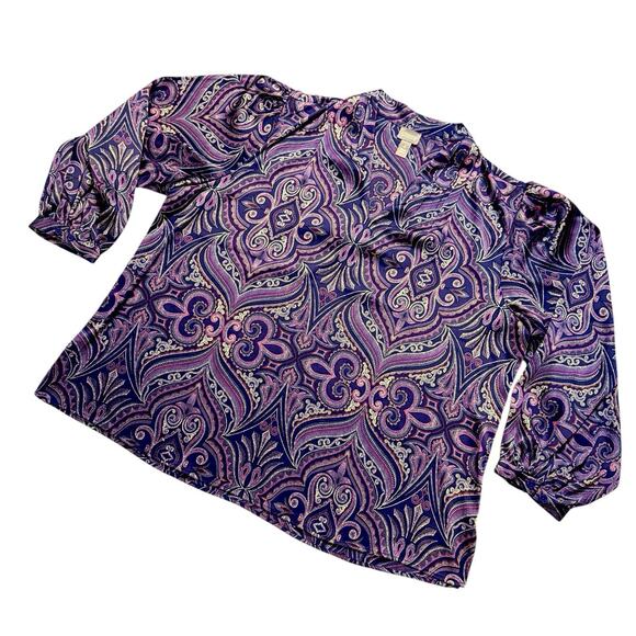 Chico’s Womens Plus Long Sleeve Pleat Scroll Satin Blouse Purple Lotus Petal XXL - Picture 8 of 15